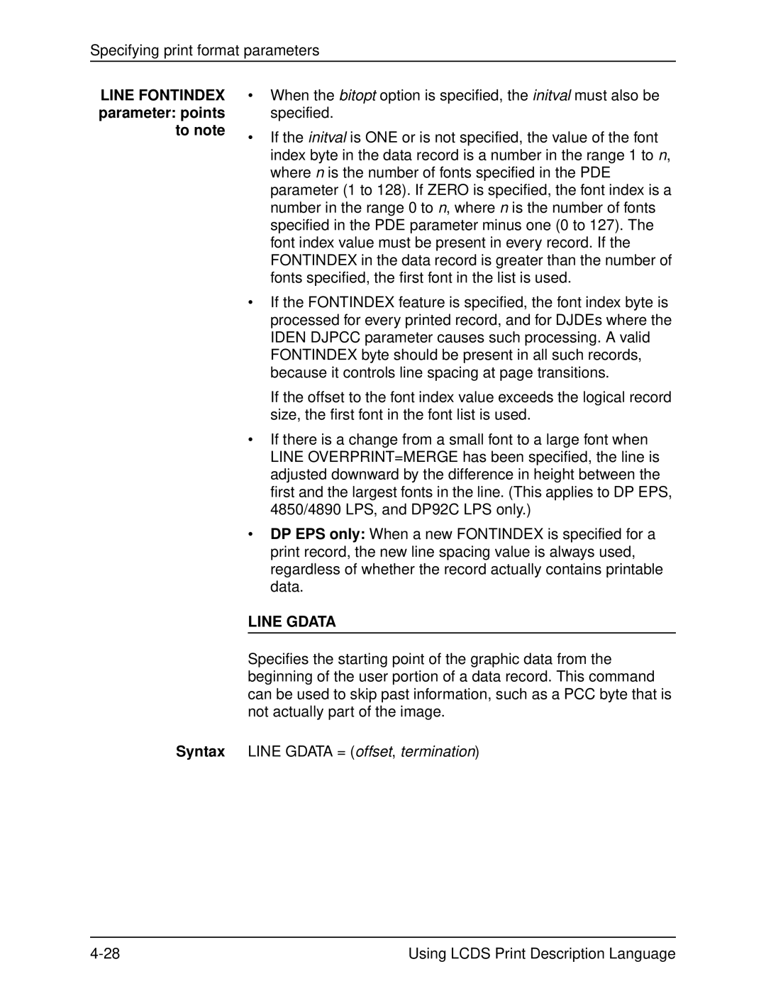 Xerox 701P21091 manual Line Fontindex parameter points to note, Line Gdata 