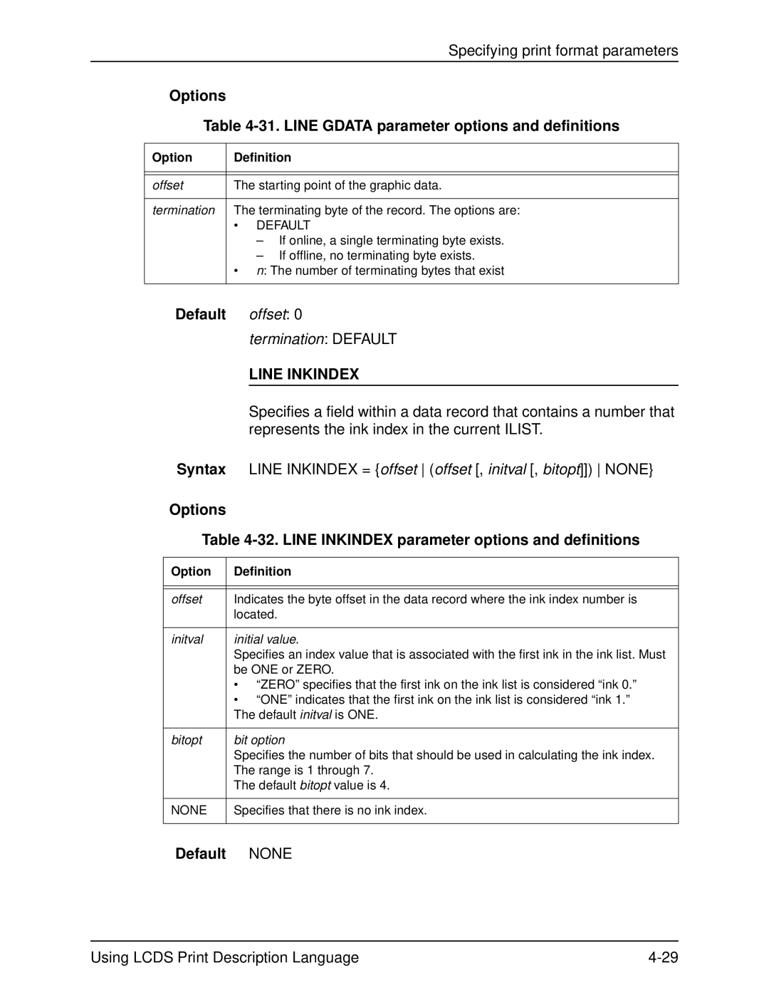 Xerox 701P21091 manual Options 31. Line Gdata parameter options and definitions, Line Inkindex 