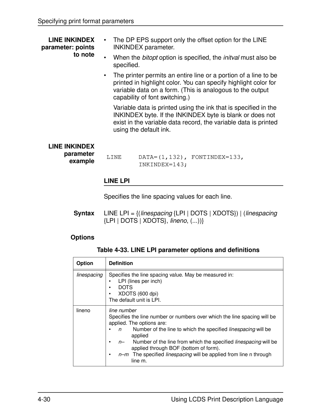 Xerox 701P21091 Parameter, Options 33. Line LPI parameter options and definitions, Xdots 600 dpi, Default unit is LPI 