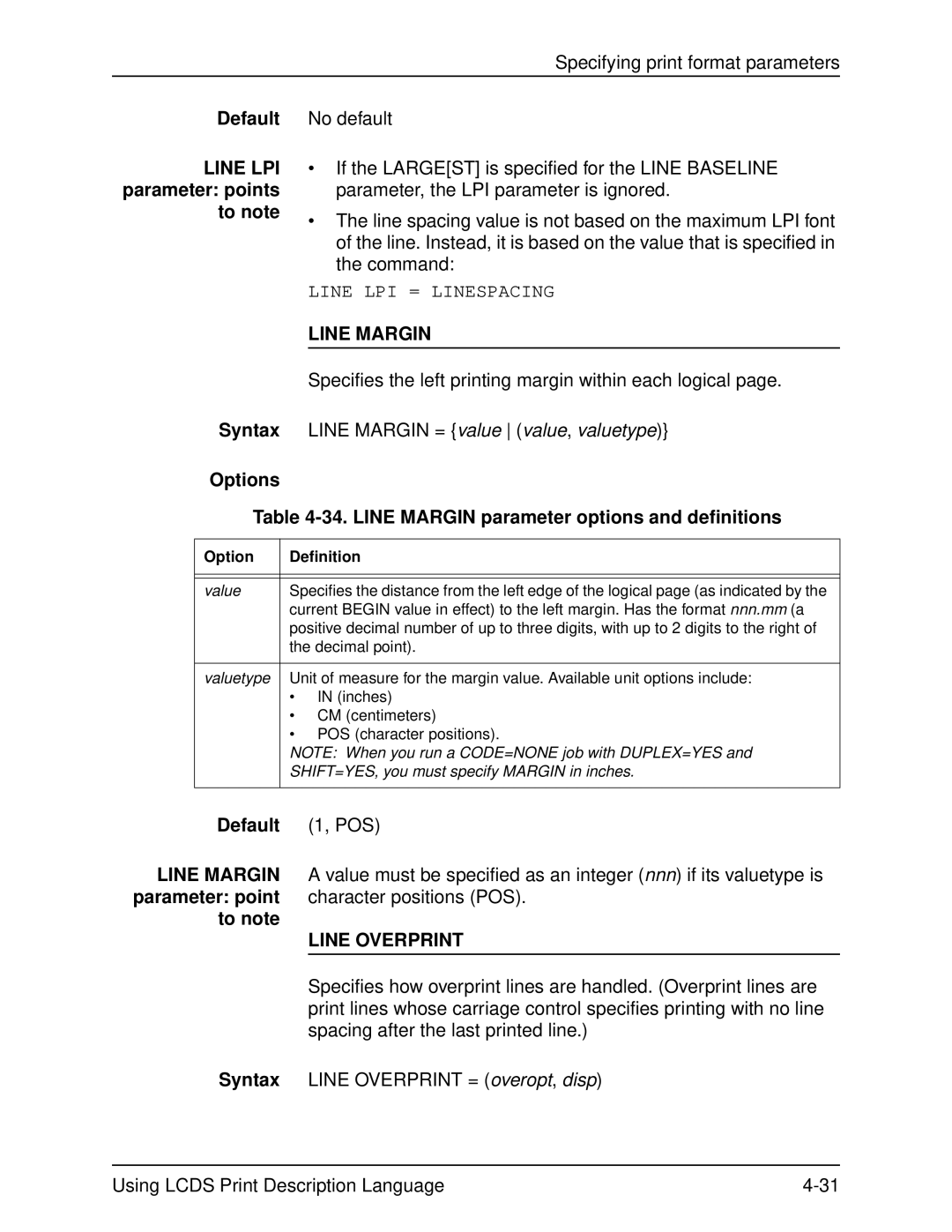 Xerox 701P21091 manual Default Line LPI parameter points to note Syntax Options, Line Margin, Parameter point 