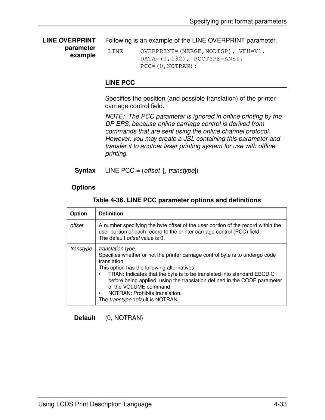 Xerox 701P21091 manual Options 36. Line PCC parameter options and definitions 