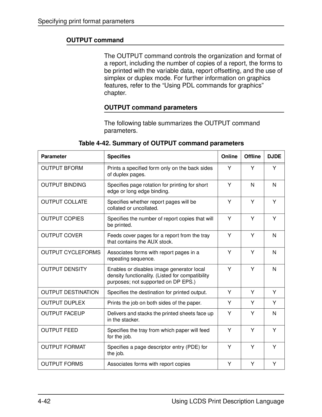 Xerox 701P21091 manual Summary of Output command parameters 