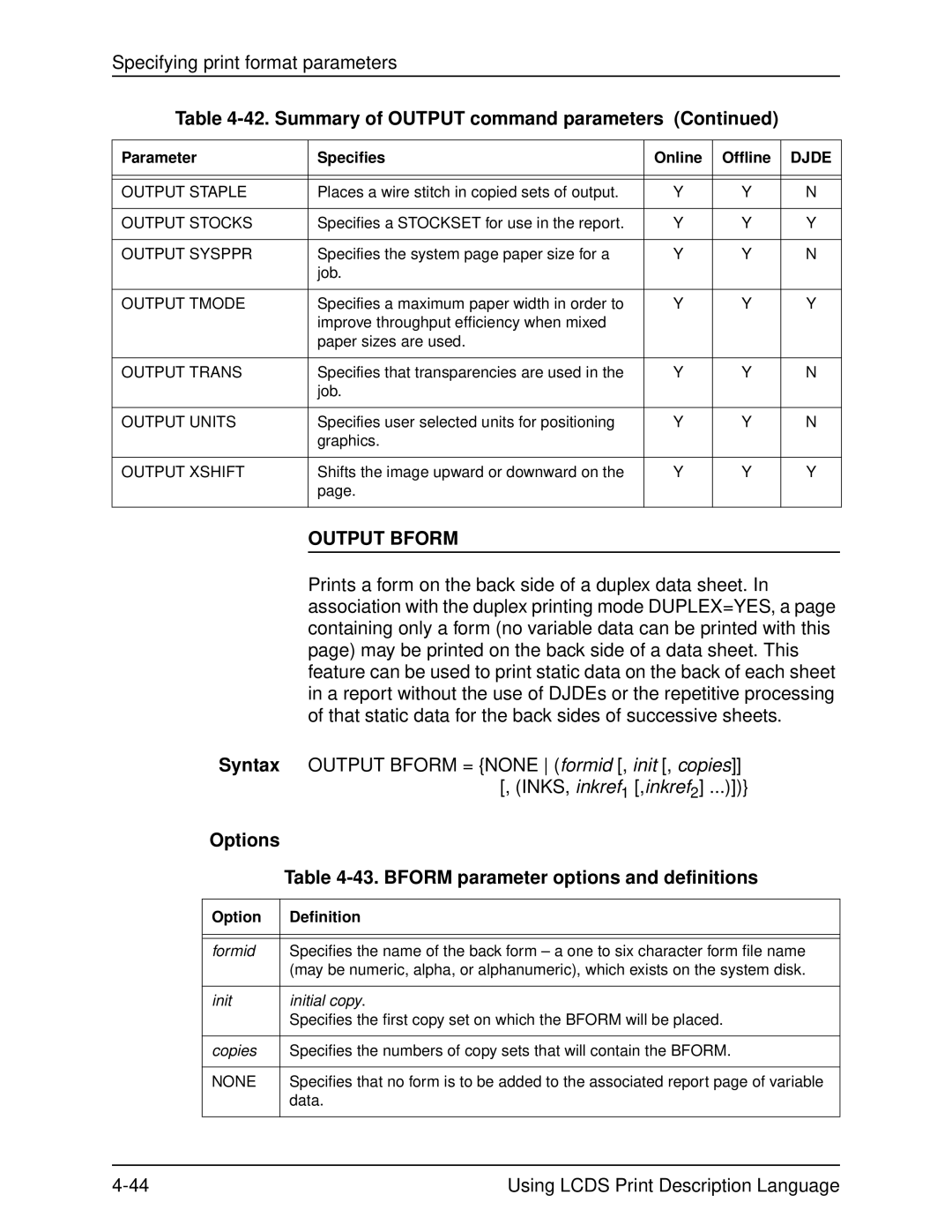 Xerox 701P21091 manual Output Bform, Bform parameter options and definitions, Data 