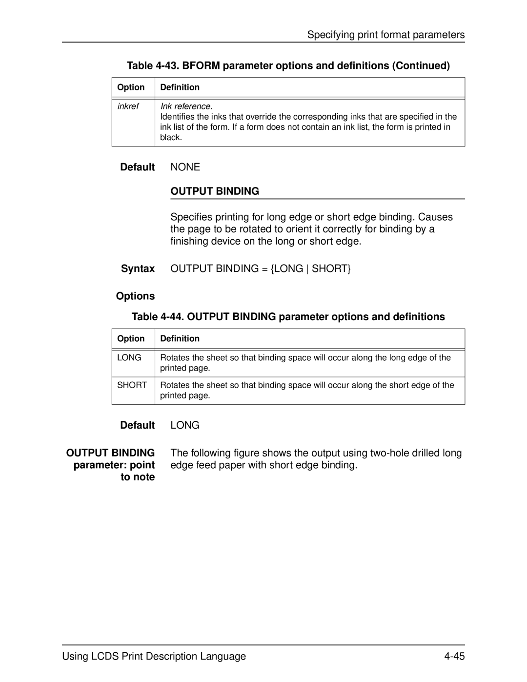 Xerox 701P21091 manual Bform parameter options and definitions, Output Binding, Default Long, Short 