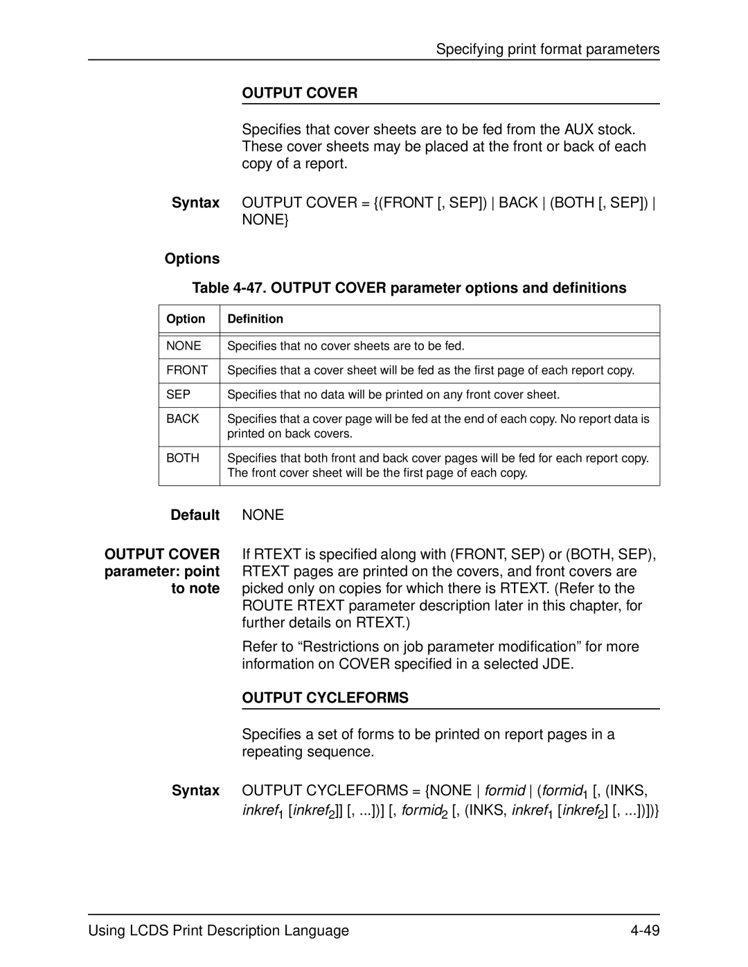 Xerox 701P21091 manual Options 47. Output Cover parameter options and definitions, Output Cycleforms 