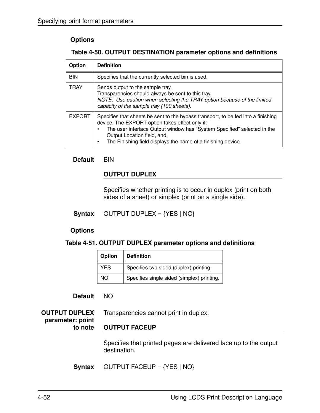 Xerox 701P21091 Default BIN, Options 51. Output Duplex parameter options and definitions, Parameter point To note 