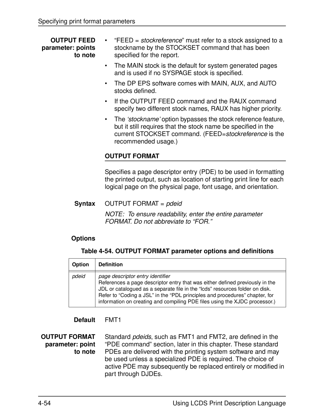 Xerox 701P21091 manual Options 54. Output Format parameter options and definitions, Default FMT1 