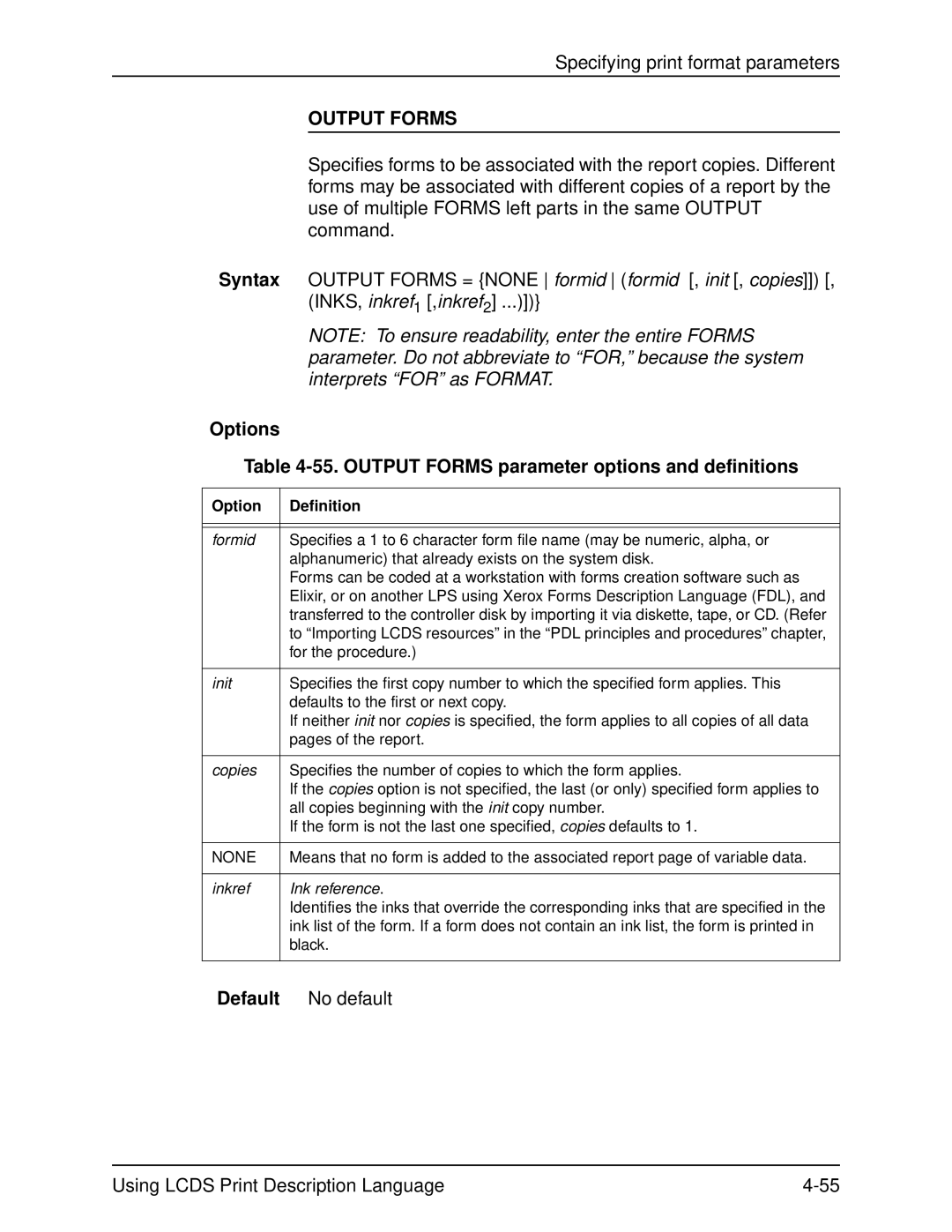 Xerox 701P21091 manual Options 55. Output Forms parameter options and definitions 