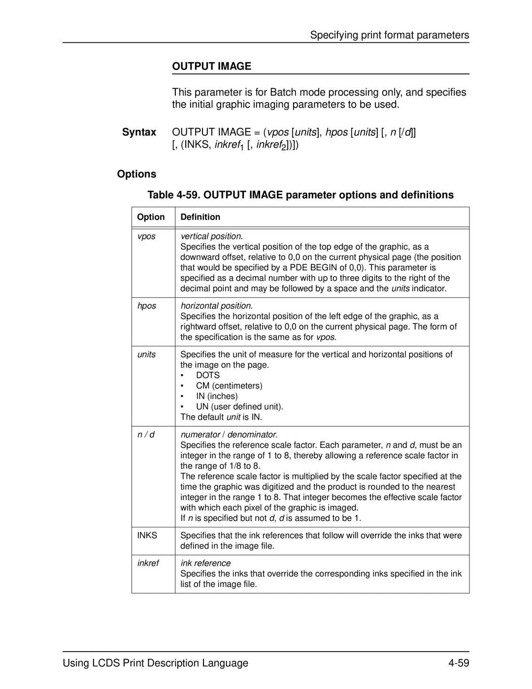 Xerox 701P21091 manual Options 59. Output Image parameter options and definitions 