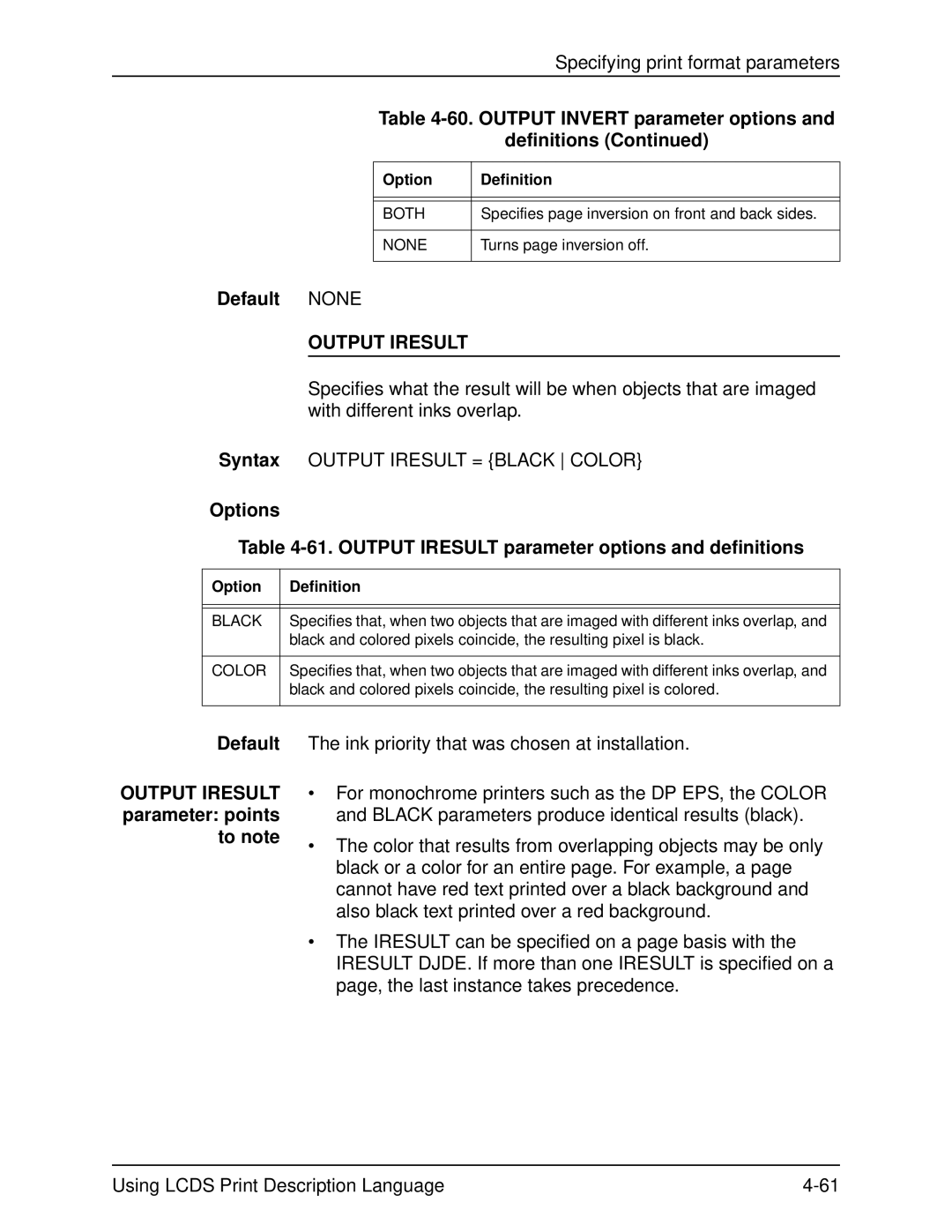 Xerox 701P21091 manual Output Invert parameter options Definitions, Output Iresult, Black, Color 