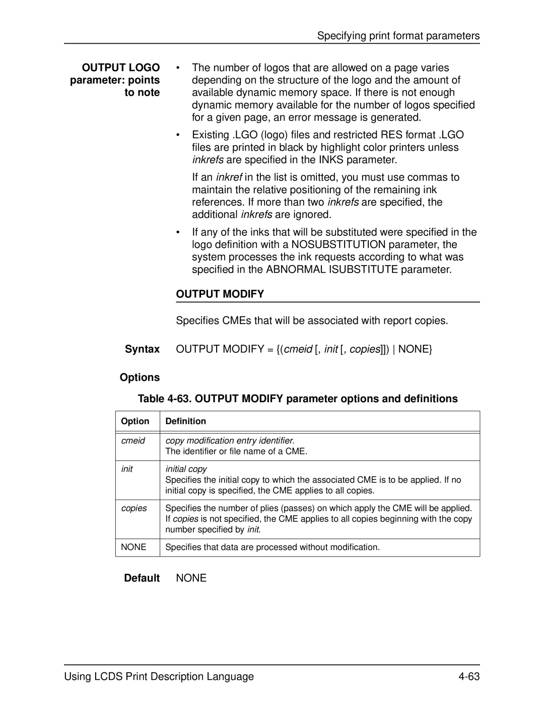 Xerox 701P21091 manual Options 63. Output Modify parameter options and definitions 