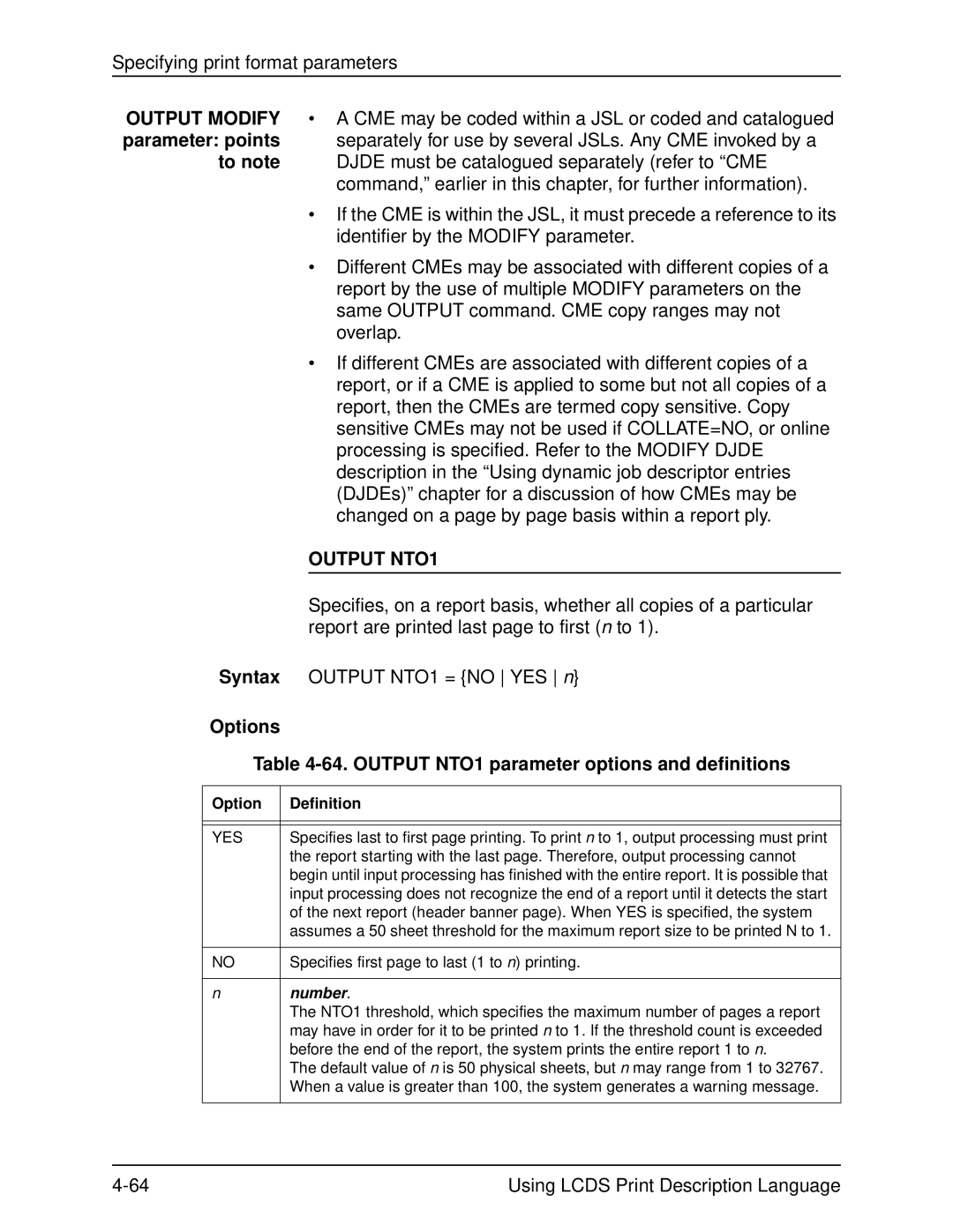 Xerox 701P21091 manual Options 64. Output NTO1 parameter options and definitions 