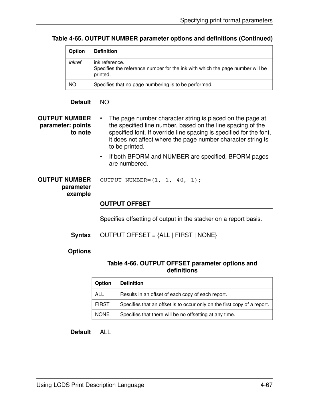 Xerox 701P21091 manual Number character string is placed on the page at, Output Offset = ALL First None, All 