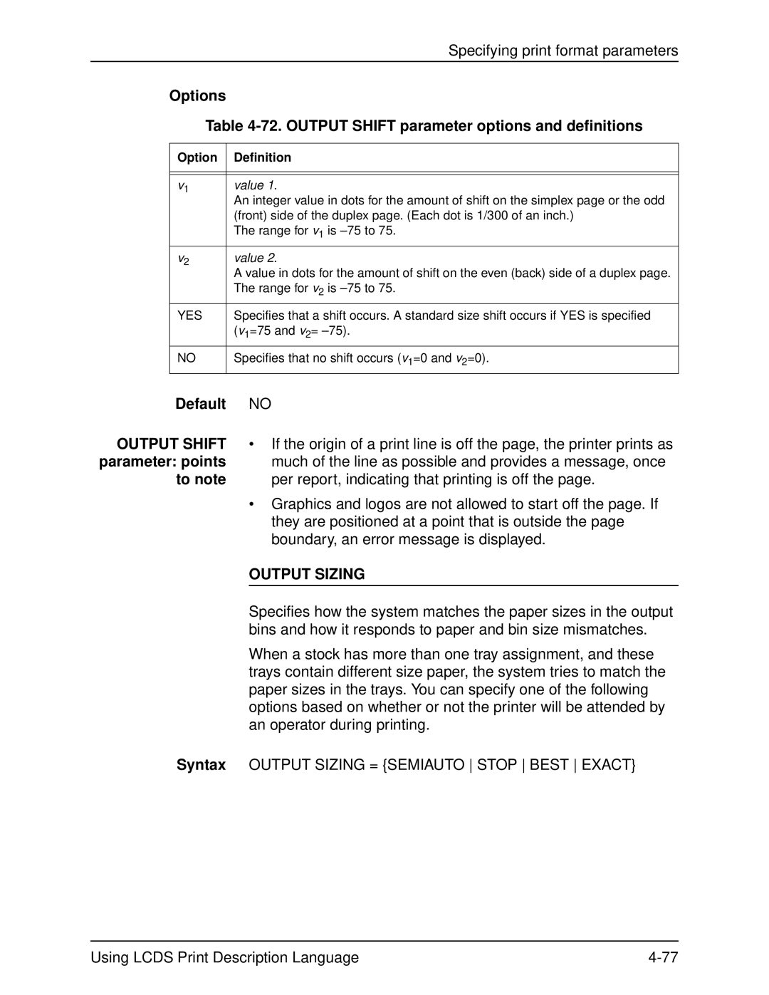 Xerox 701P21091 manual Options 72. Output Shift parameter options and definitions 