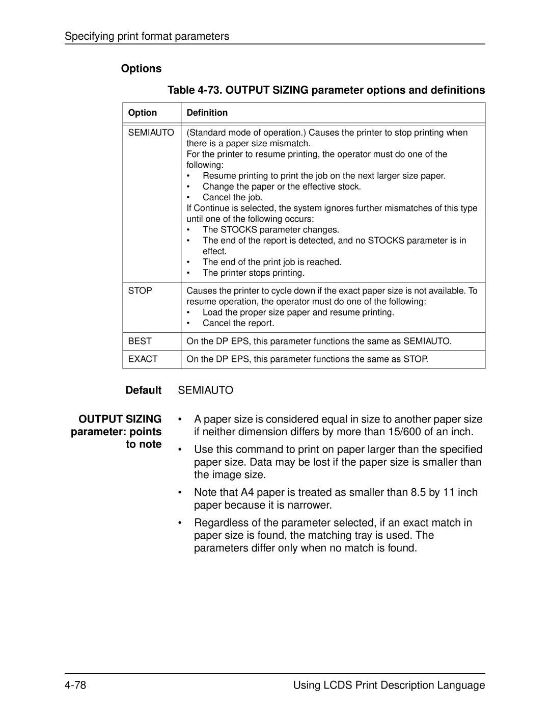 Xerox 701P21091 manual Options 73. Output Sizing parameter options and definitions, Semiauto, Best, Exact 