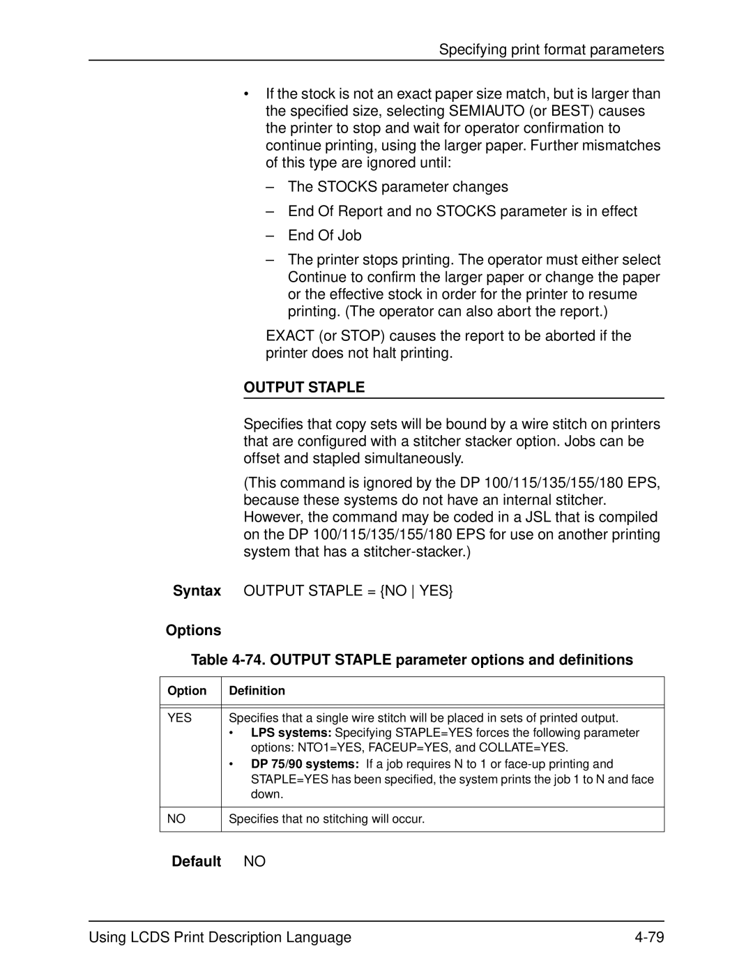 Xerox 701P21091 manual Options 74. Output Staple parameter options and definitions 