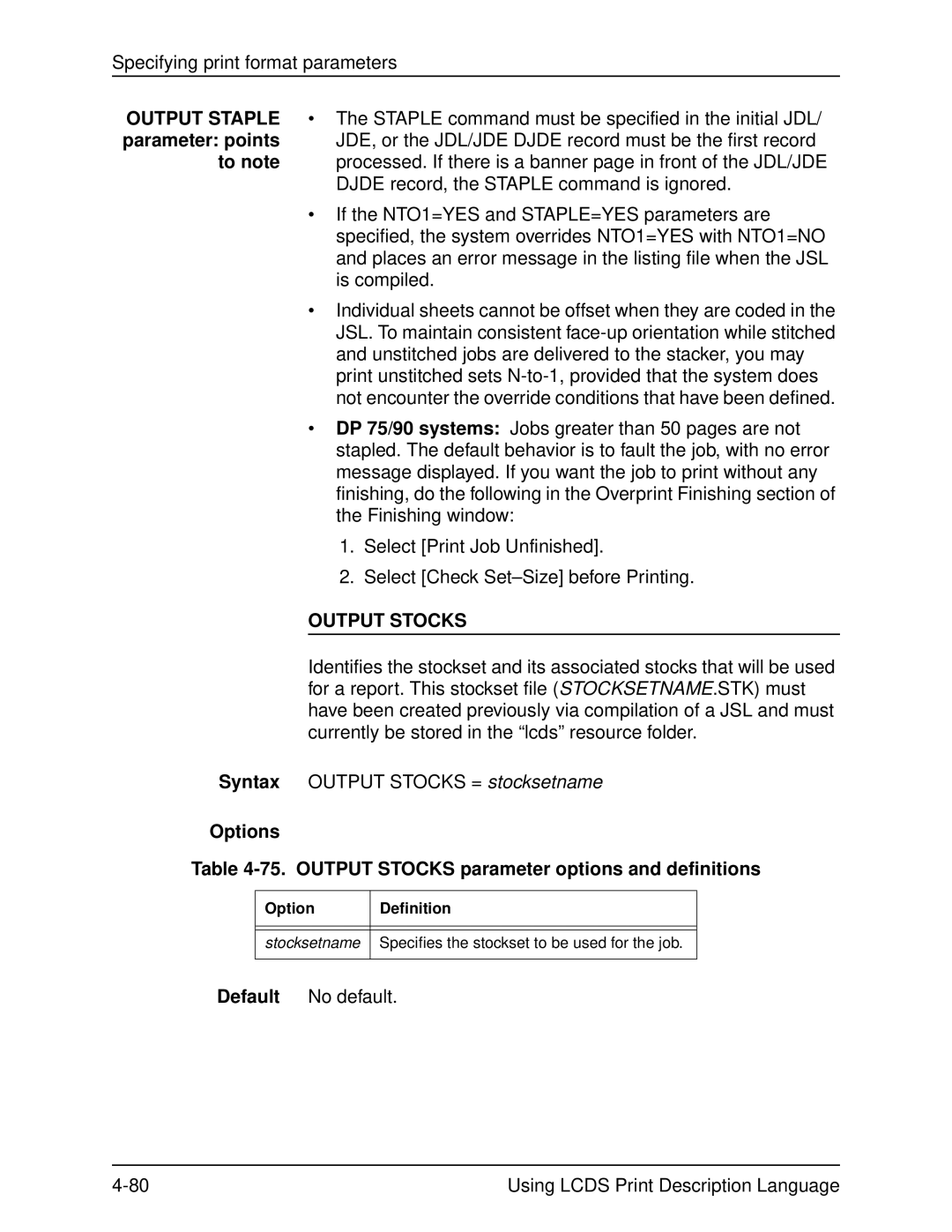 Xerox 701P21091 manual Options 75. Output Stocks parameter options and definitions, Stocksetname 