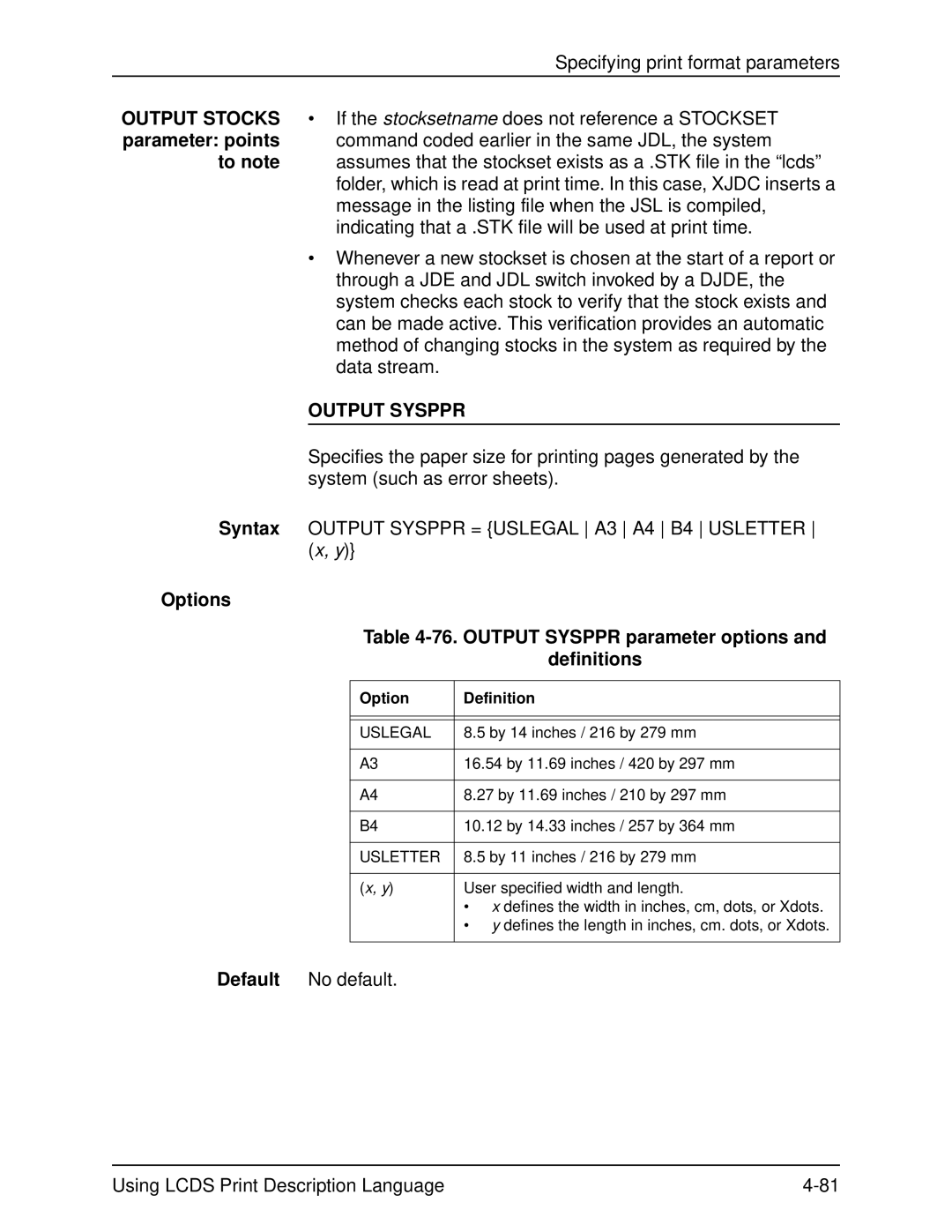 Xerox 701P21091 manual Options 76. Output Sysppr parameter options Definitions 