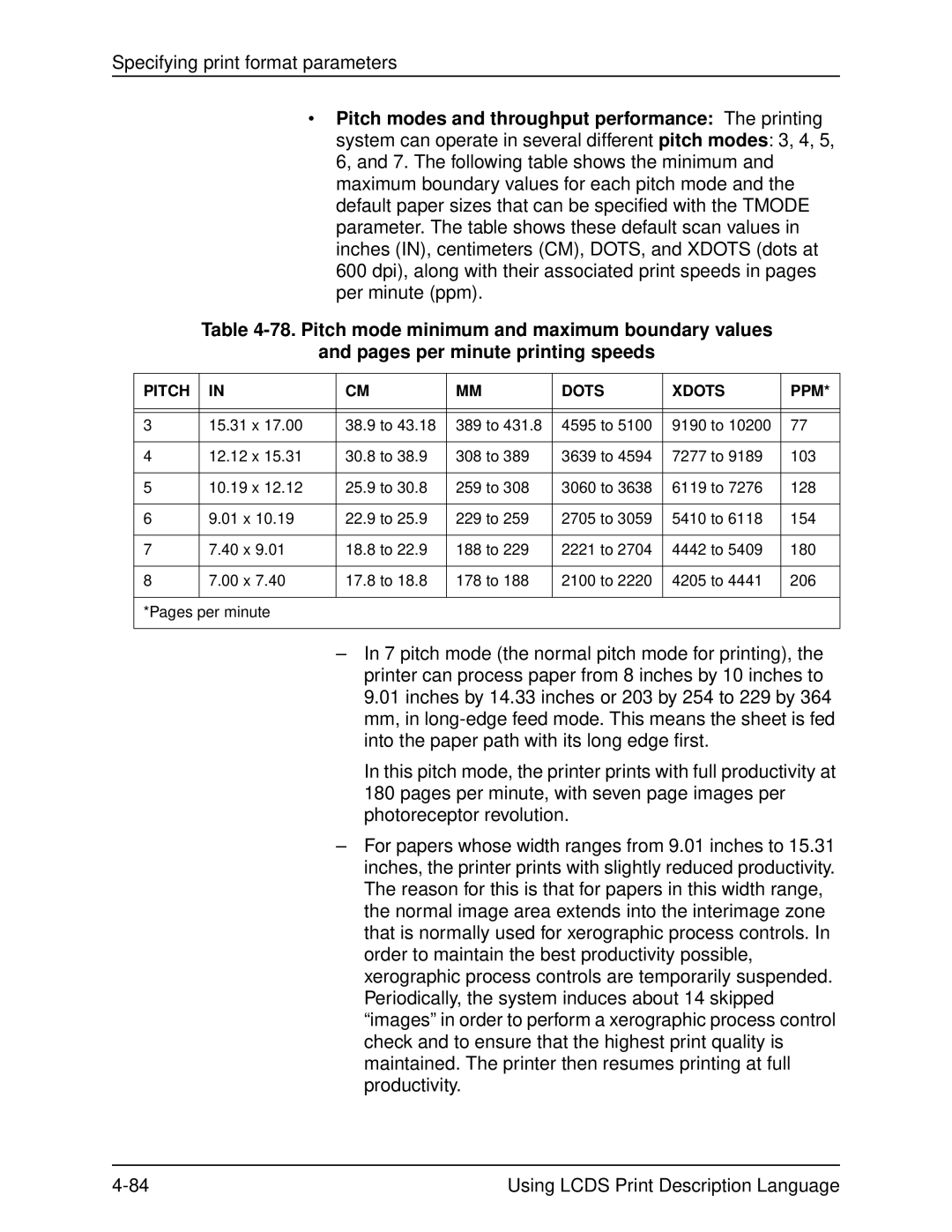 Xerox 701P21091 manual Pitch modes and throughput performance The printing, Pitch Dots Xdots PPM 