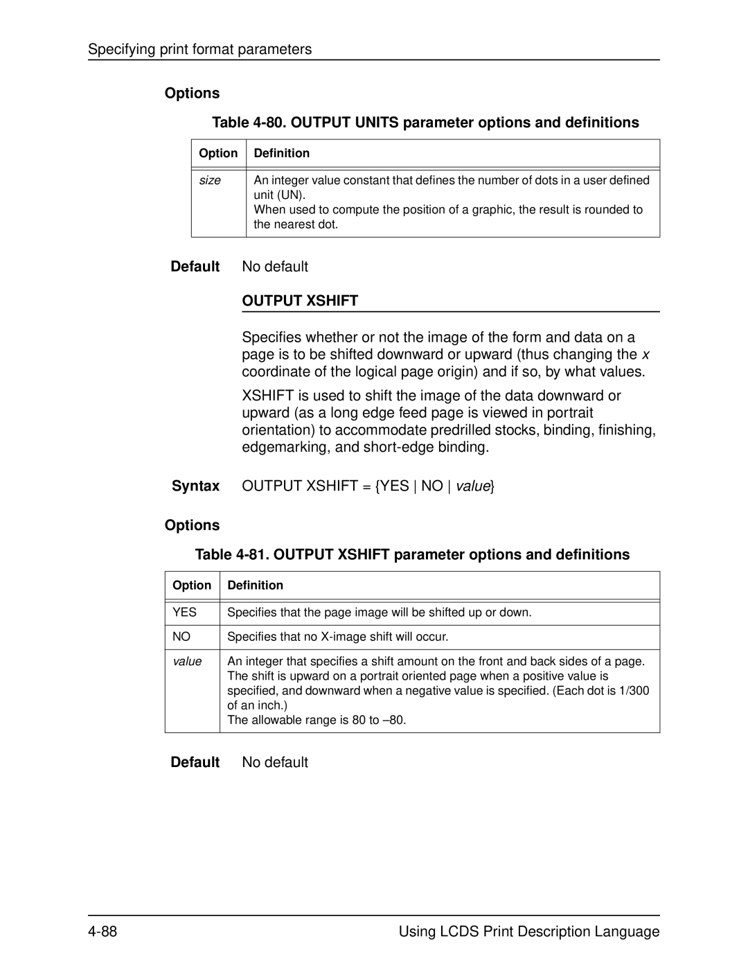 Xerox 701P21091 manual Options 80. Output Units parameter options and definitions, Output Xshift, Size 