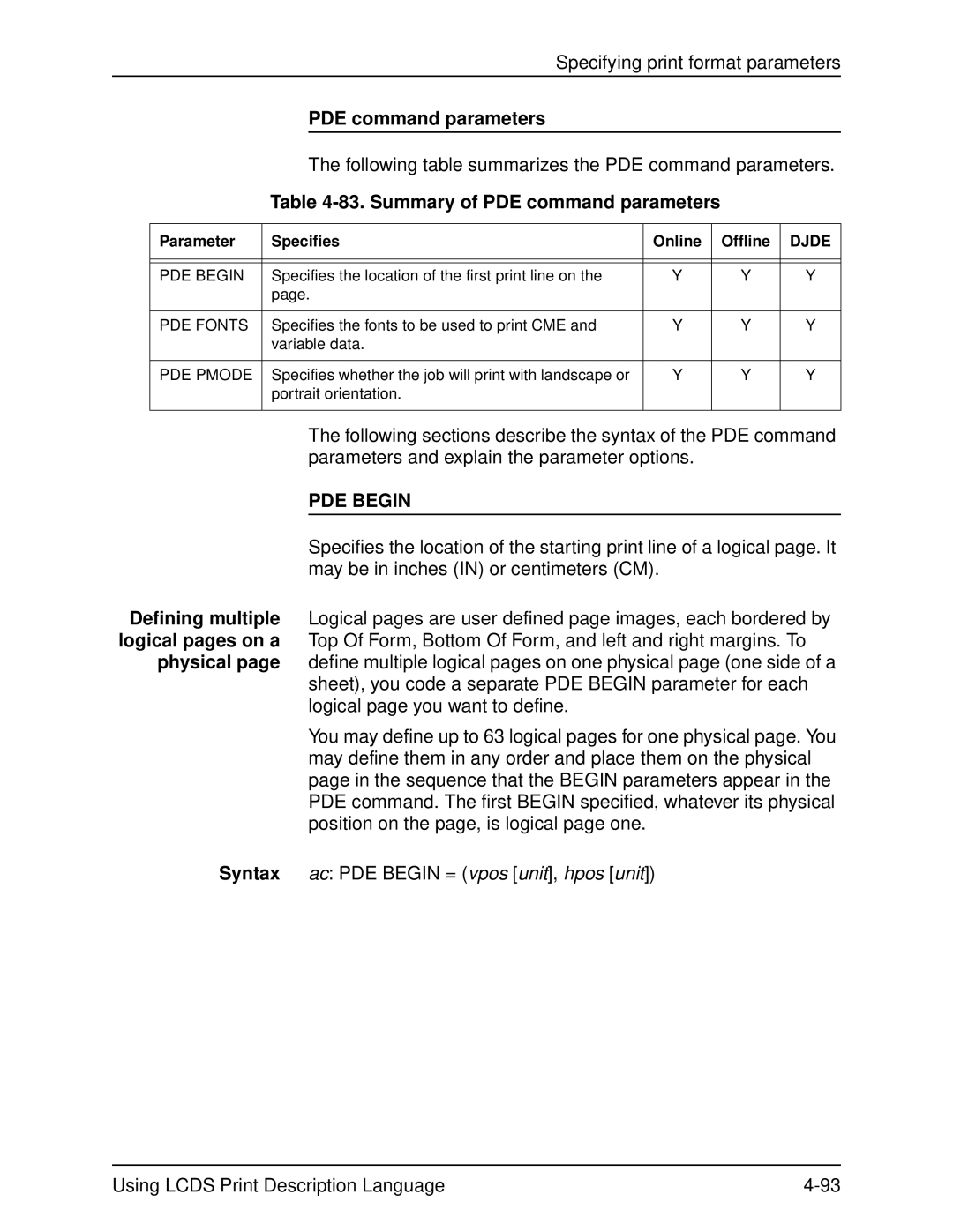 Xerox 701P21091 manual Summary of PDE command parameters, PDE Begin 