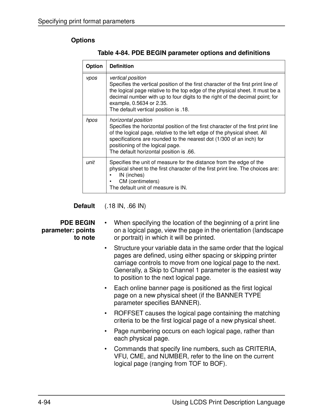 Xerox 701P21091 manual Options 84. PDE Begin parameter options and definitions 