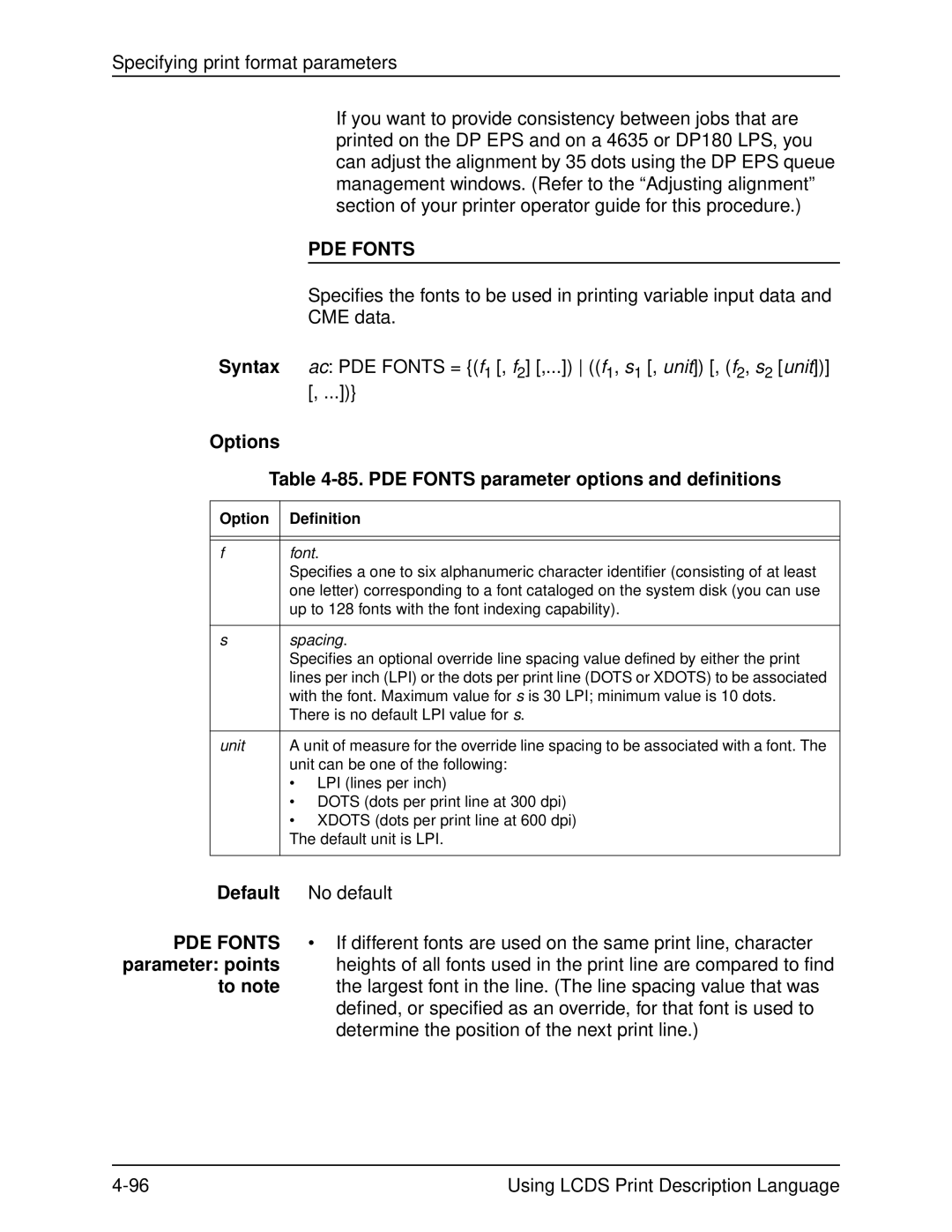 Xerox 701P21091 manual Options 85. PDE Fonts parameter options and definitions 