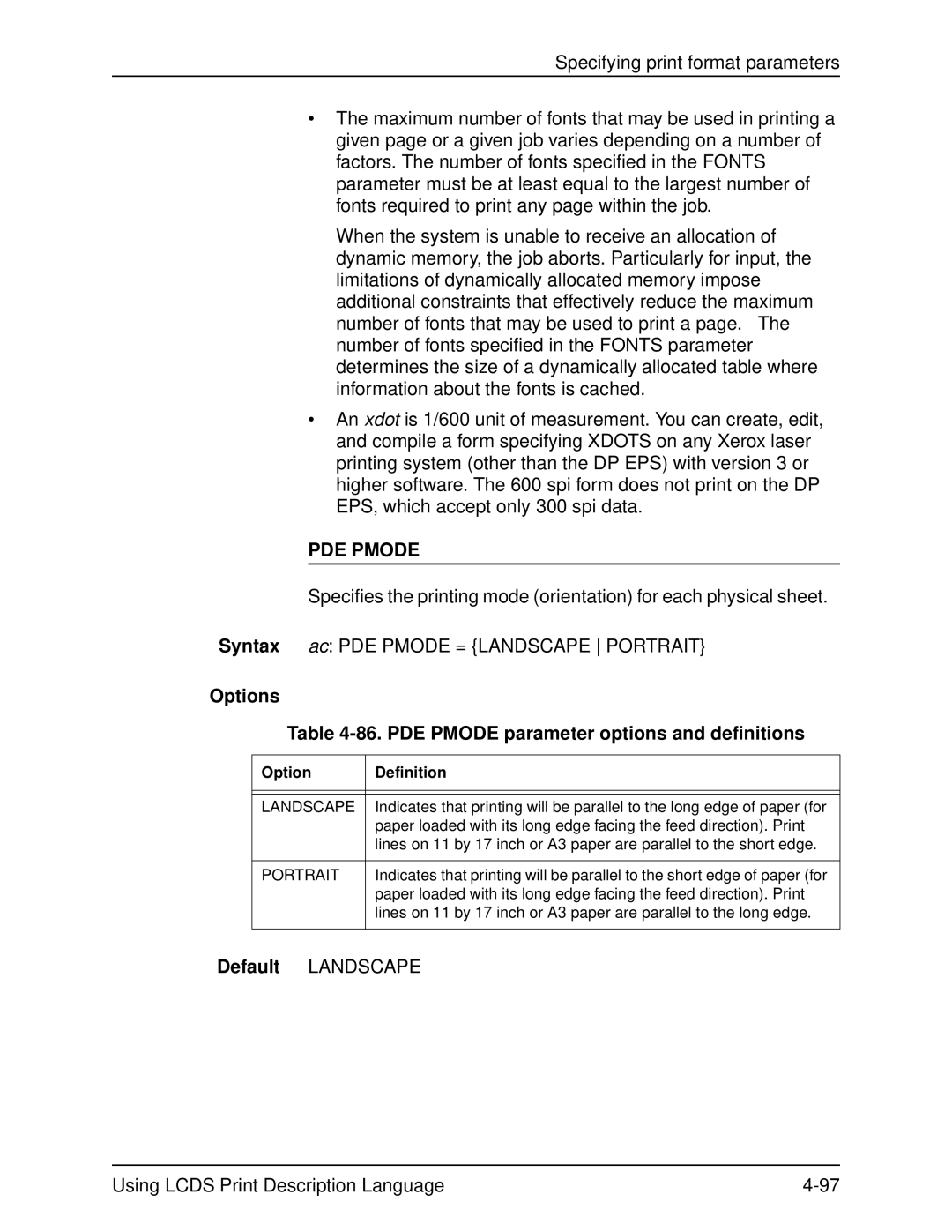 Xerox 701P21091 manual Options 86. PDE Pmode parameter options and definitions, Landscape 