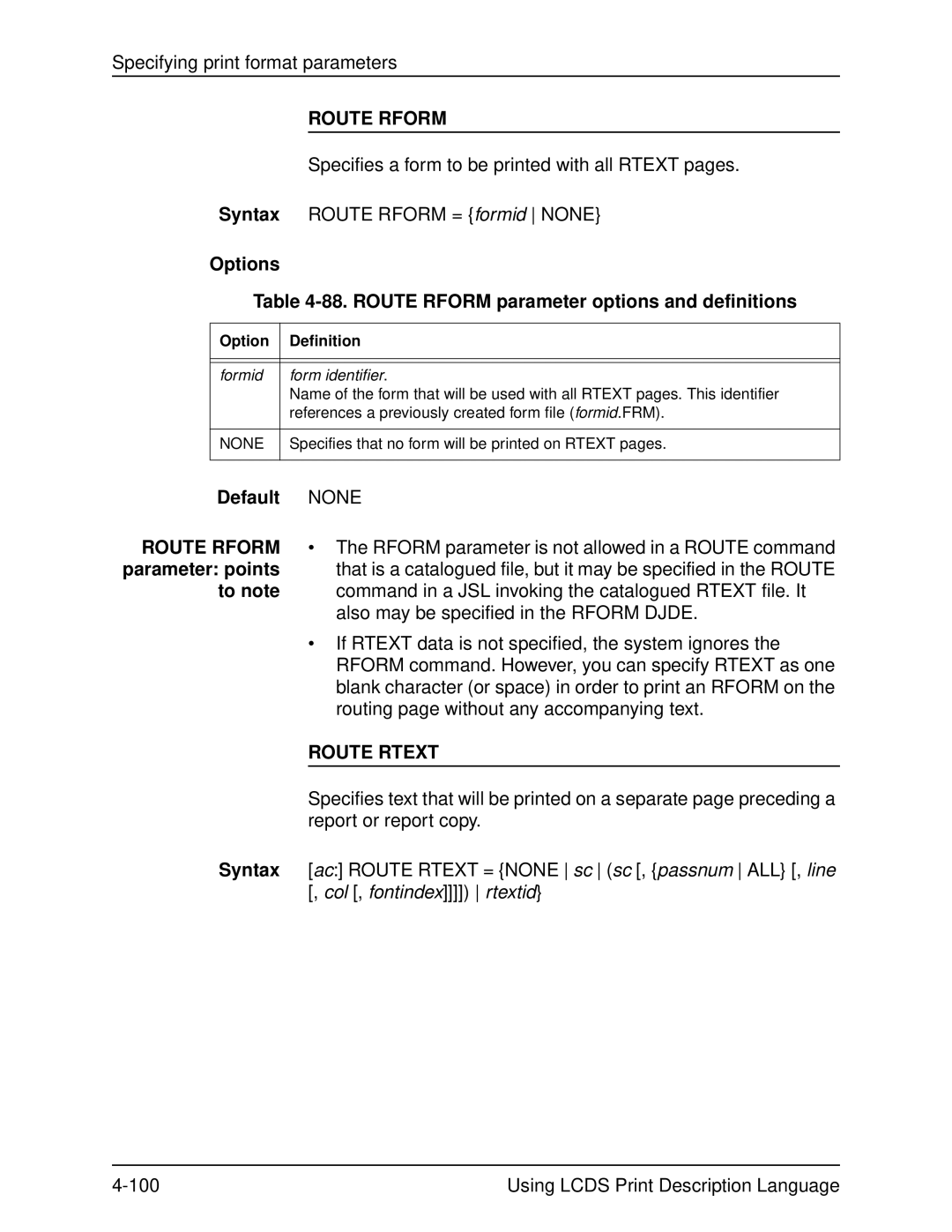 Xerox 701P21091 manual Options 88. Route Rform parameter options and definitions, Route Rtext, Formid Form identifier 