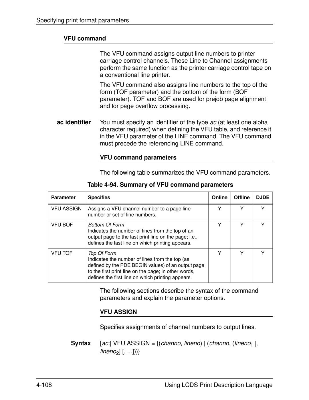 Xerox 701P21091 manual Summary of VFU command parameters, VFU Assign 