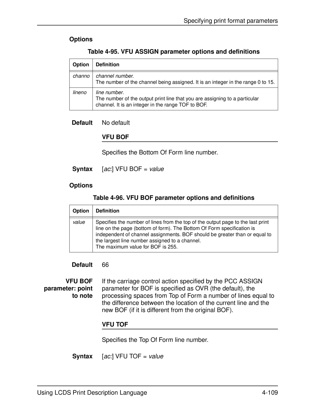 Xerox 701P21091 manual Options 95. VFU Assign parameter options and definitions, VFU BOF parameter options and definitions 