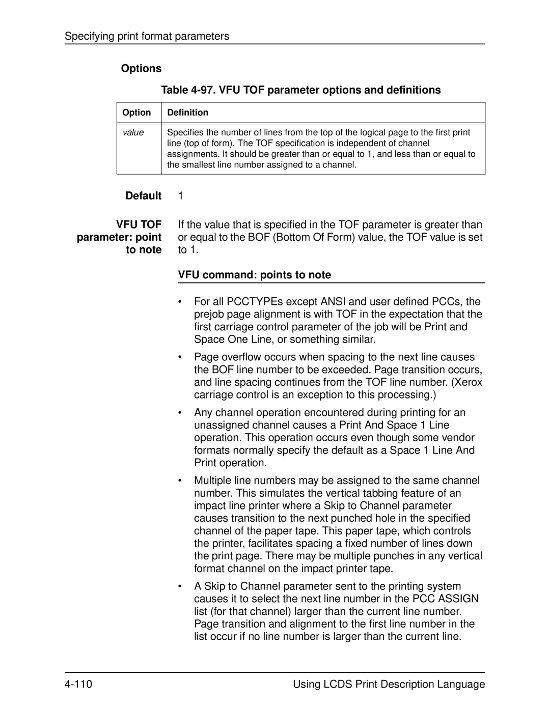 Xerox 701P21091 manual VFU TOF parameter options and definitions, To note to VFU command points to note 