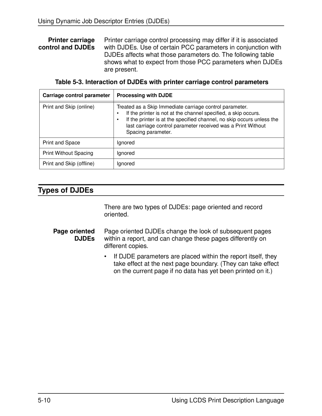 Xerox 701P21091 manual Types of DJDEs, Carriage control parameter Processing with Djde 