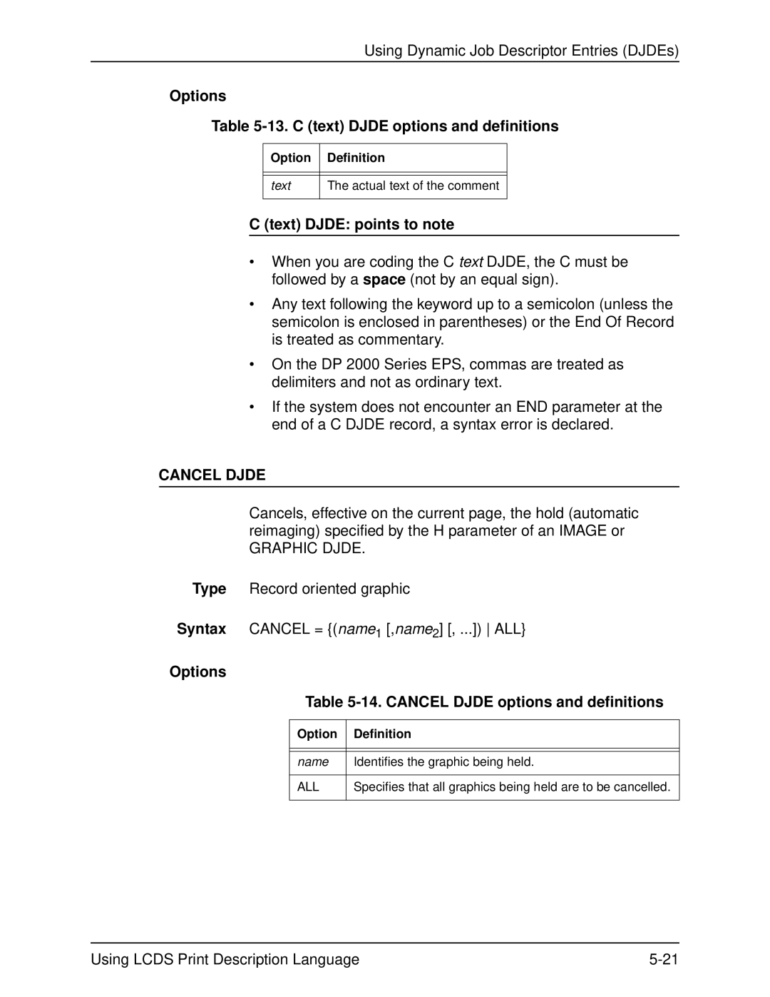 Xerox 701P21091 manual Options 13. C text Djde options and definitions, Text Djde points to note, Cancel Djde 