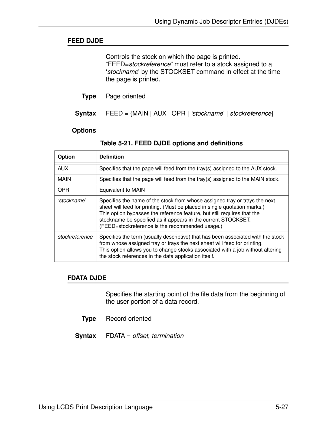 Xerox 701P21091 manual Options 21. Feed Djde options and definitions, Fdata Djde 