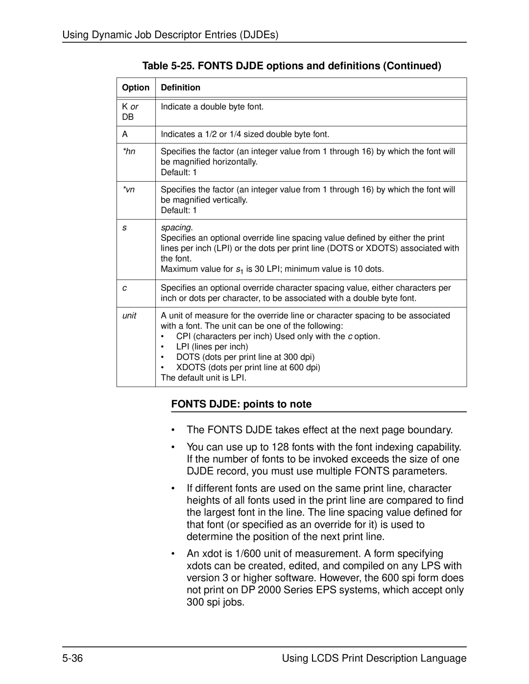 Xerox 701P21091 manual Fonts Djde options and definitions, Fonts Djde points to note 