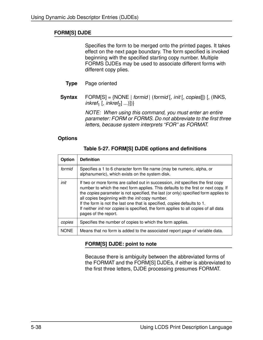 Xerox 701P21091 manual Forms Djde options and definitions, Forms Djde point to note 