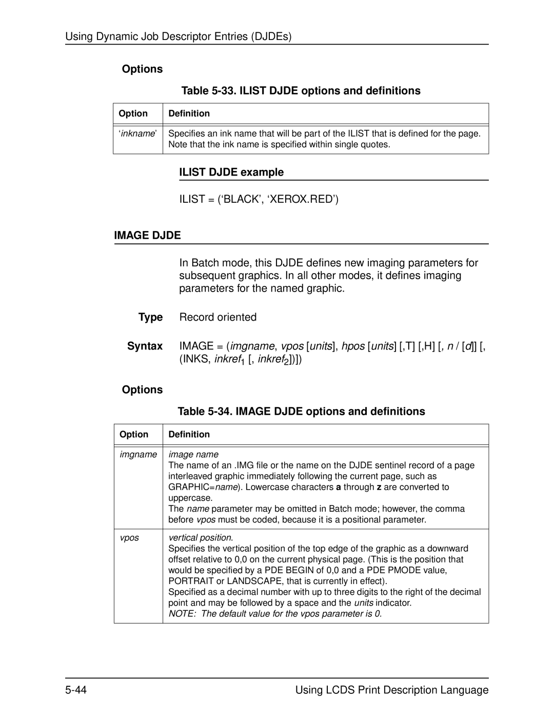 Xerox 701P21091 manual Options 33. Ilist Djde options and definitions, Ilist Djde example, Image Djde, ‘inkname ’ 