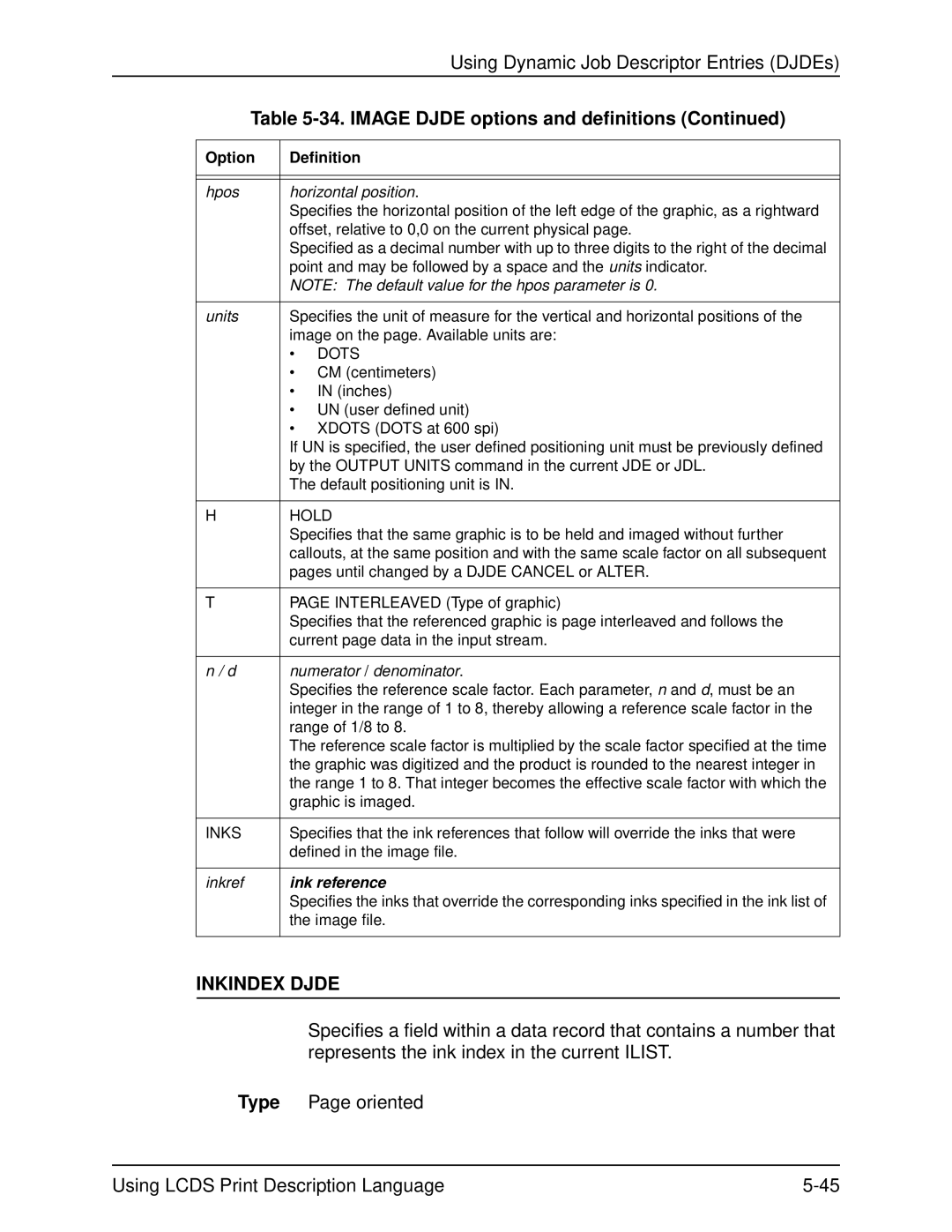 Xerox 701P21091 manual Image Djde options and definitions, Inkindex Djde 