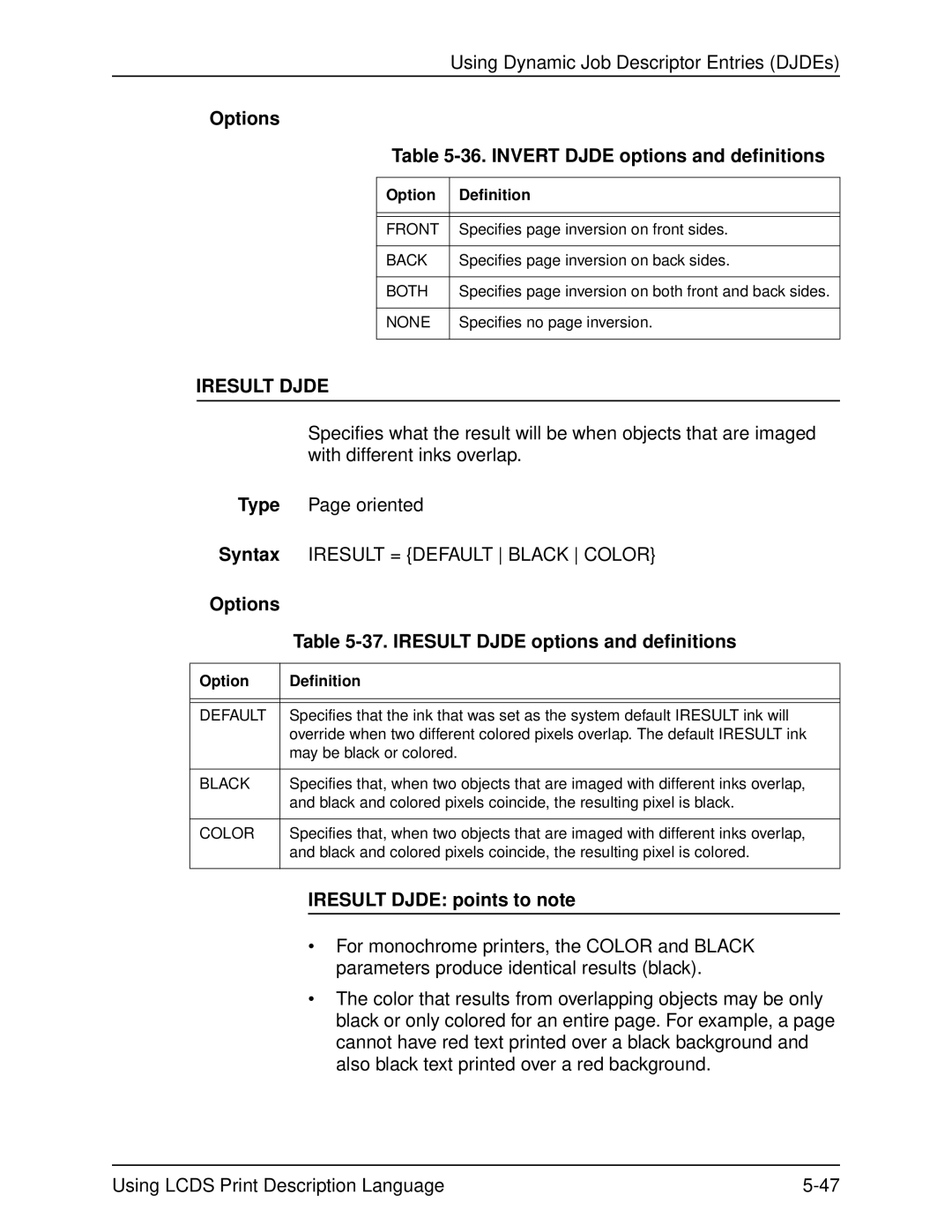 Xerox 701P21091 manual Options 36. Invert Djde options and definitions, Iresult Djde points to note 