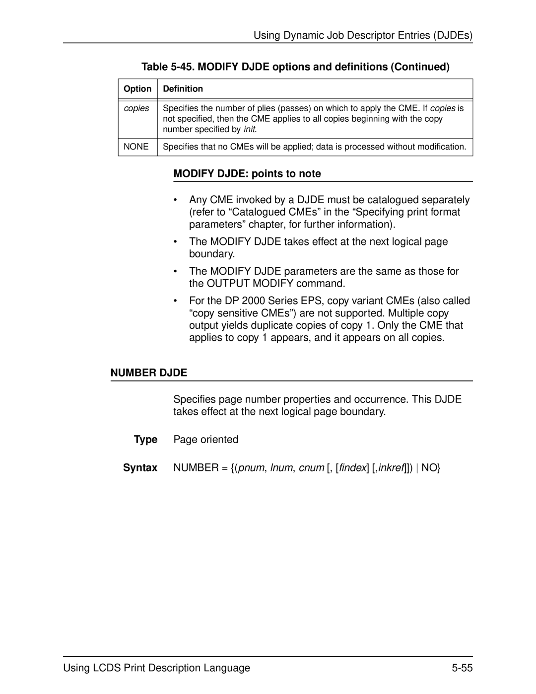 Xerox 701P21091 manual Modify Djde options and definitions, Modify Djde points to note, Number Djde 