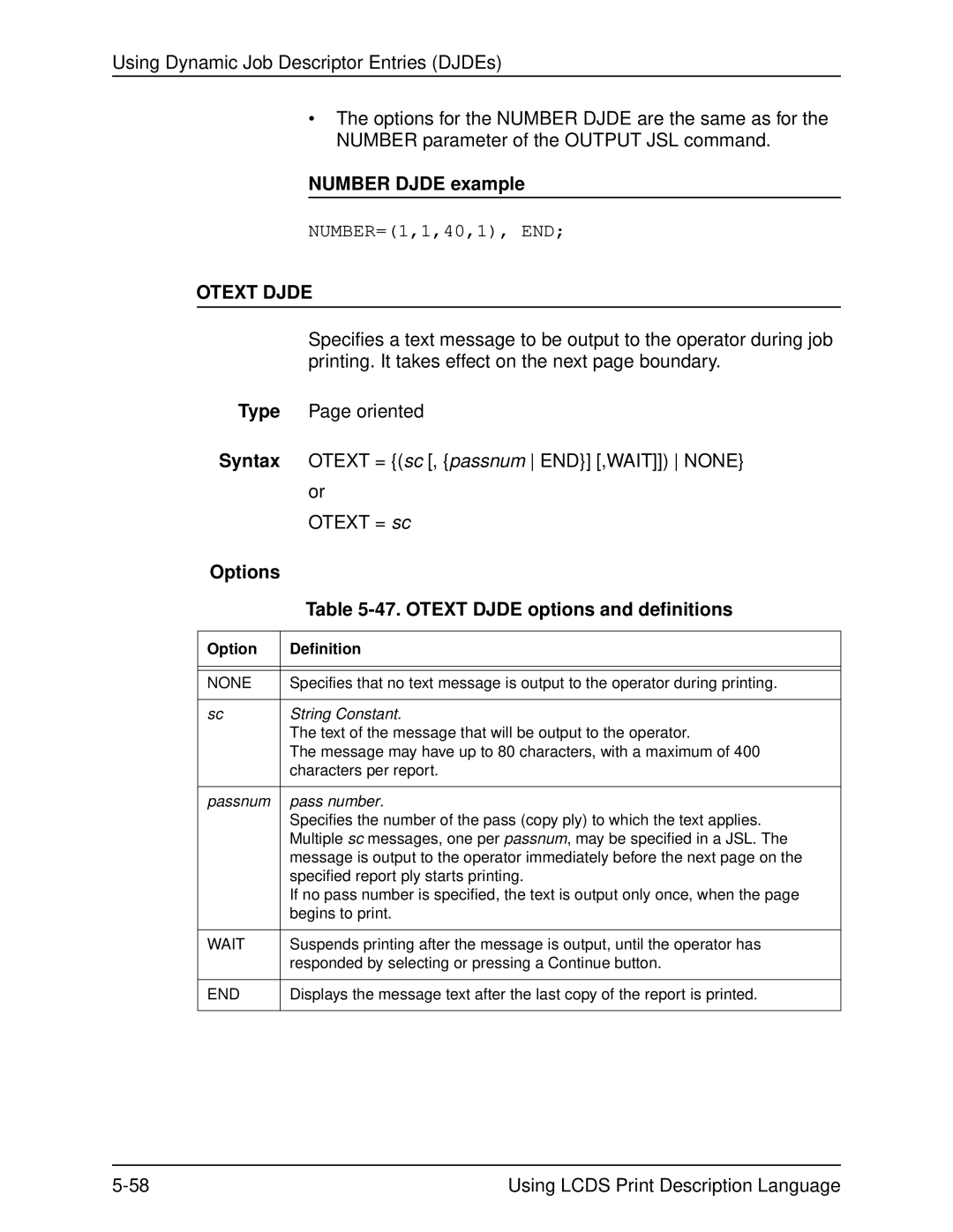 Xerox 701P21091 manual Number Djde example, Type, Options 47. Otext Djde options and definitions 