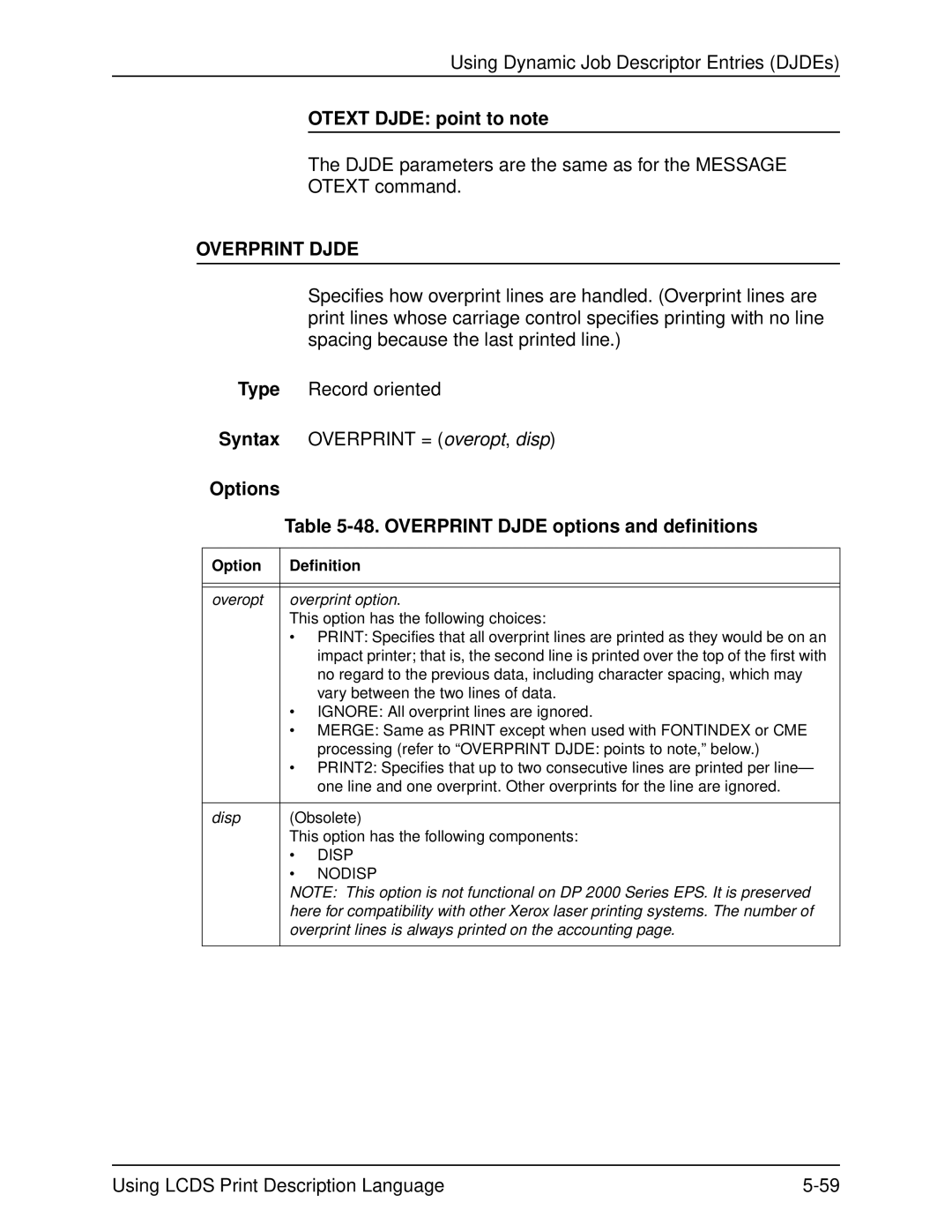 Xerox 701P21091 manual Otext Djde point to note, Overprint Djde options and definitions 