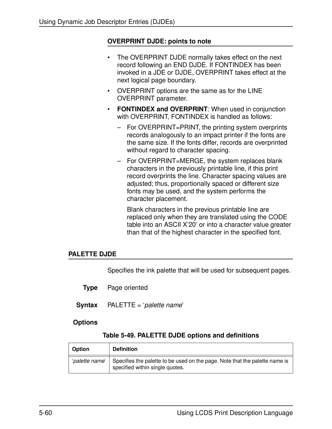 Xerox 701P21091 Overprint Djde points to note, Options 49. Palette Djde options and definitions, OptionDefinition 