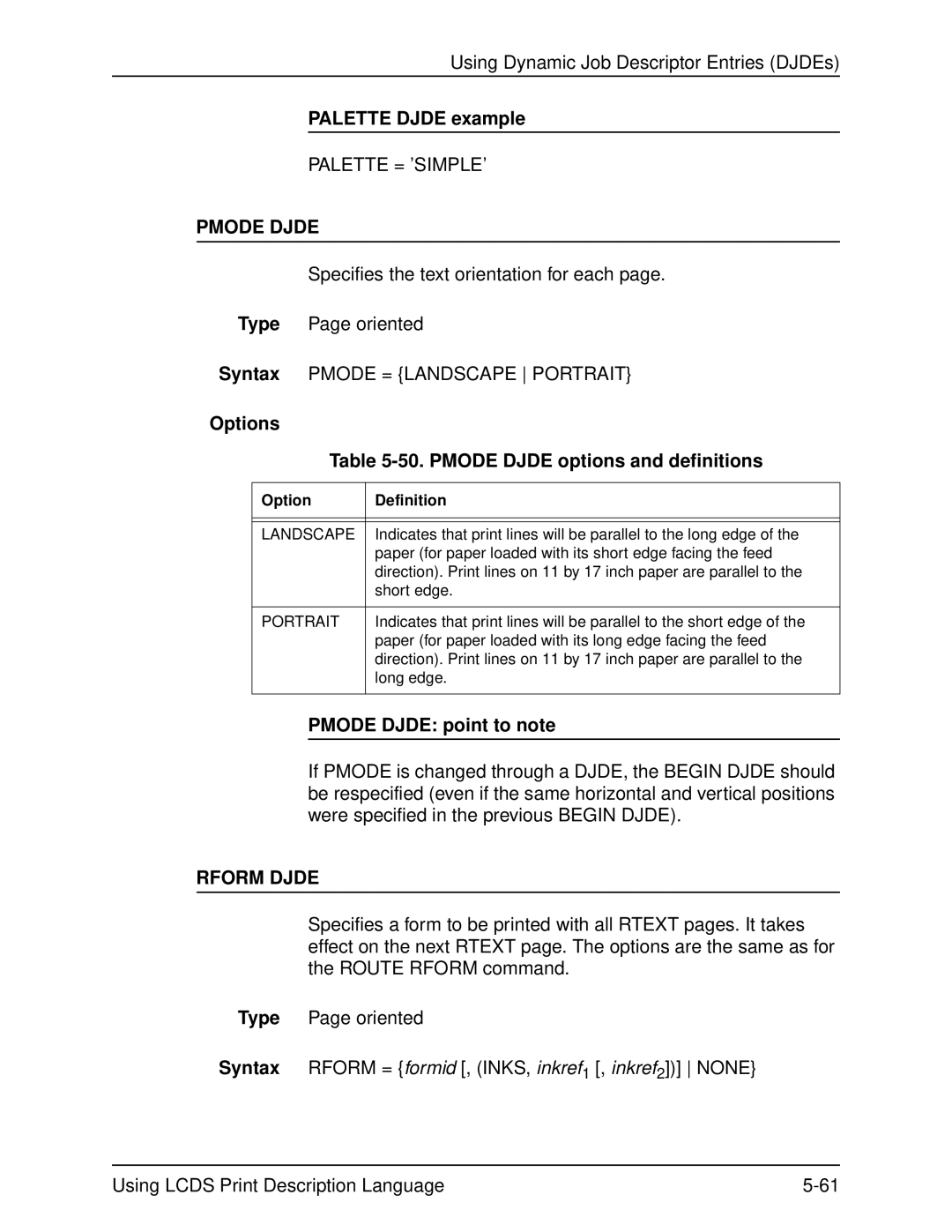 Xerox 701P21091 manual Palette Djde example, Options 50. Pmode Djde options and definitions, Pmode Djde point to note 