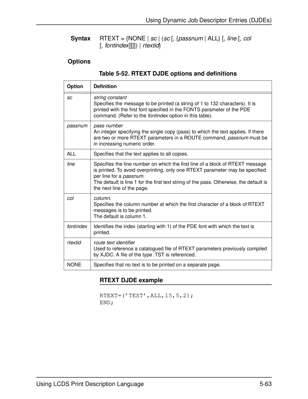 Xerox 701P21091 manual Rtext Djde options and definitions, Rtext Djde example 