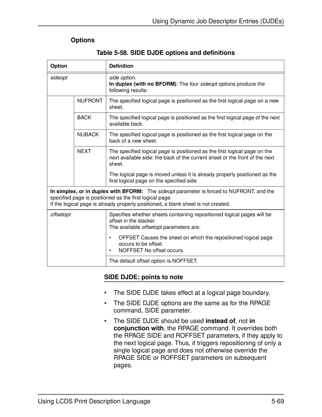 Xerox 701P21091 manual Options 58. Side Djde options and definitions, Side Djde points to note, Offsetopt 