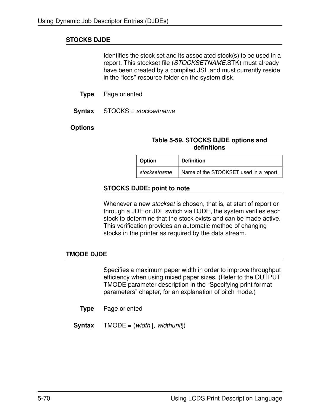 Xerox 701P21091 manual Options 59. Stocks Djde options Definitions, Stocks Djde point to note, Tmode Djde 