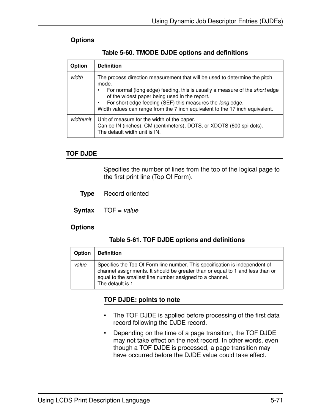 Xerox 701P21091 manual Tmode Djde options and definitions, Syntax TOF = value Options, TOF Djde options and definitions 