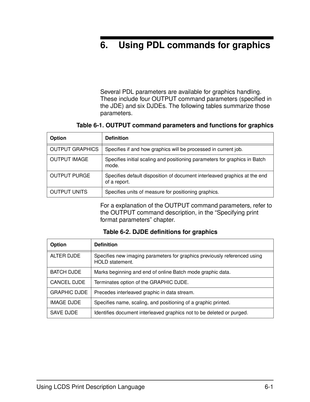 Xerox 701P21091 manual Output command parameters and functions for graphics, Djde definitions for graphics 